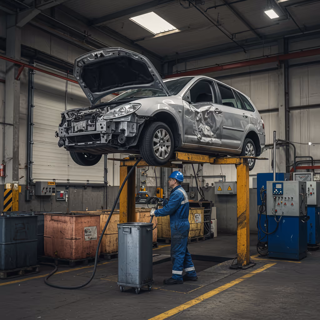 Fachkräfte entnehmen sorgfältig alle Flüssigkeiten eines Fahrzeugs im Rahmen der ordnungsgemäßen Fahrzeugentsorgung