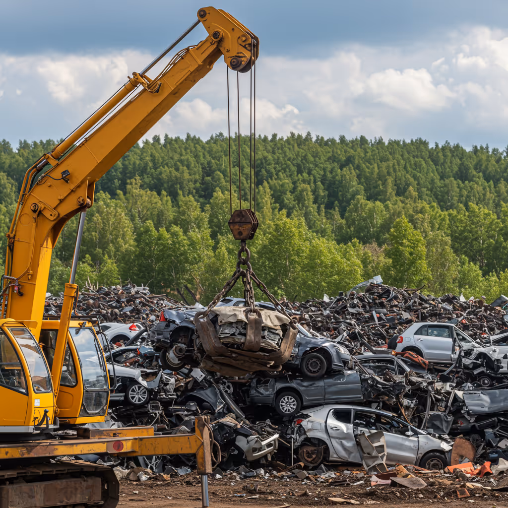 Ein Kran hebt ein Auto auf einem sonnigen Tag, im Hintergrund sind entsorgte Autos in einem Schrottplatz zu sehen.